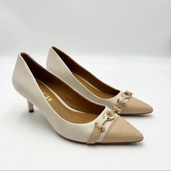 Coach Lauri White/Beechwood Kitten Horsebit Heels - Picture 1 of 7